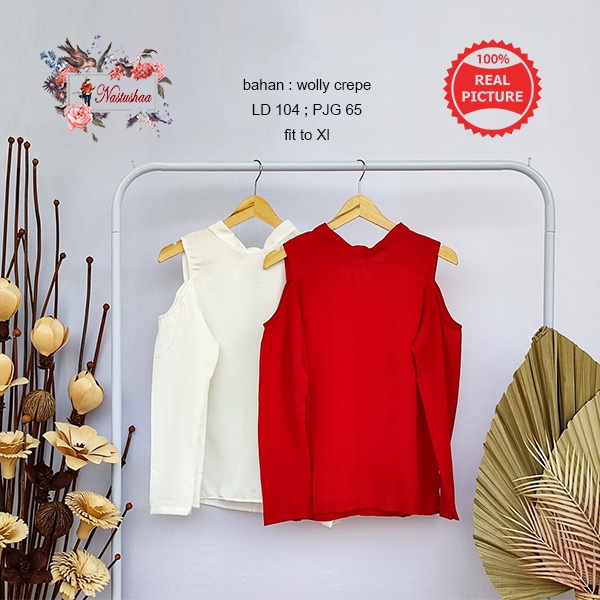 Blouse Selina Cold Shoulder Aplikasi Tali Bagian Leher Bahan Wolly Crepe Atasan Wanita Lengan Panjang Top Remaja Kekinian