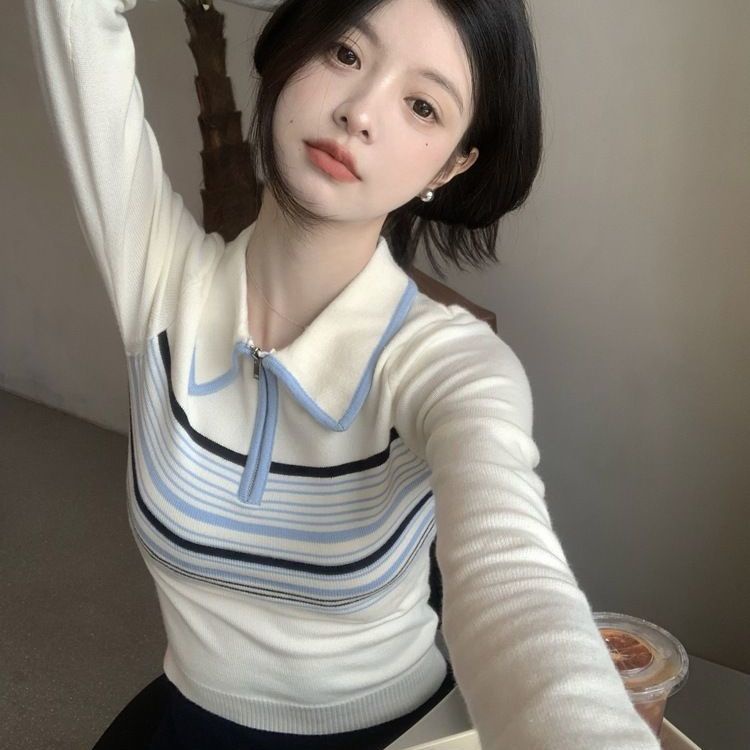 Red Korea Bergaris Polo Kerah Rajutan Sweater Wanita Musim Gugur Tipis Lengan Panjang Kemeja Bottoming Gaya Asing Pendek Niche Top Pakaian Dalam