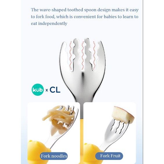 KUB Stainless Steel Spoon &amp; Fork Set - Sendok Garpu Bayi Belajar Makan Sendiri - Baby Self Training Spoon &amp; Fork Set - Baby BLW