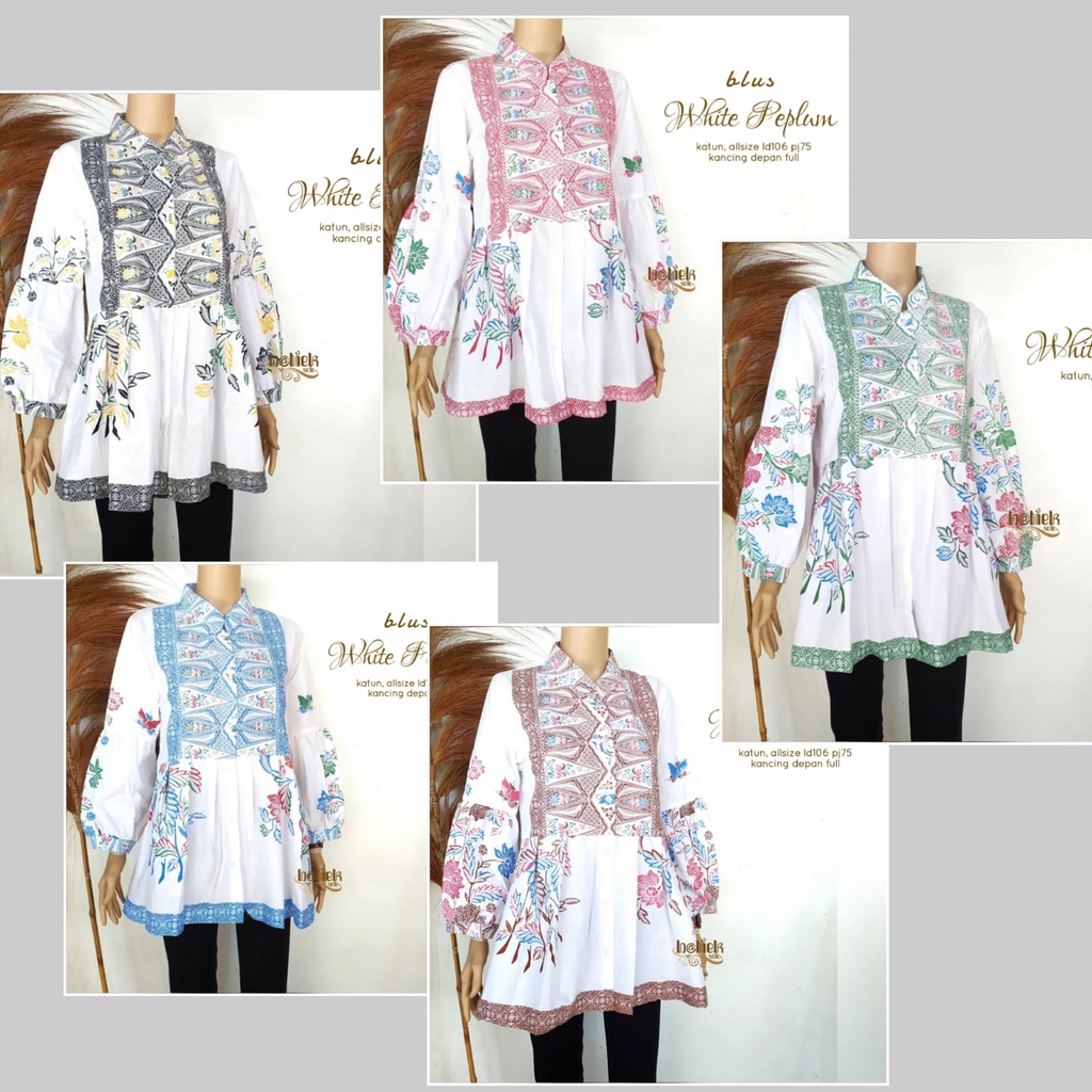 Blus White Peplum Batik Atasan Kerja Casual Warna Soft Rempel Lengan Balon Kasmaran Kebaya Kekinian Manohara Modern Busui Kamala Kancing Depan