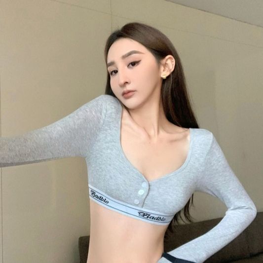 Suhao Abu-abu Leher V Seksi Lengan Panjang T-shirt Wanita Musim Gugur 2022 Baru Gadis Panas Gaya Pendek Tulang Selangka Pinggang Tinggi Dipotong Pusar Slim Top