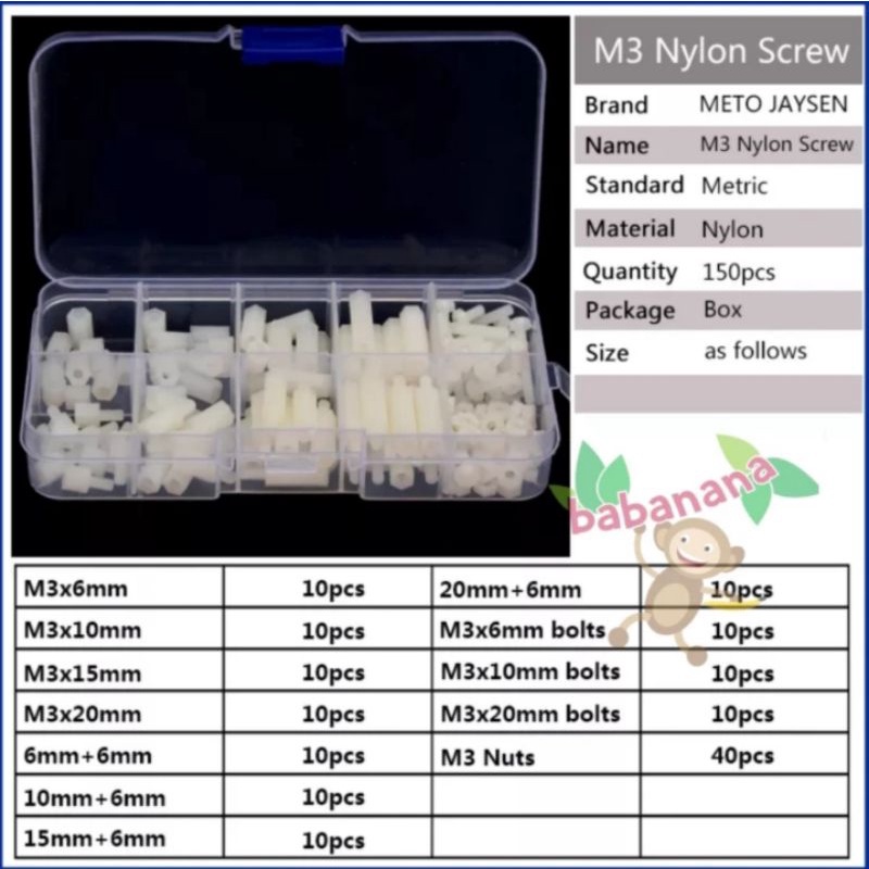 120pcs White Nylon M2 Hex Screw Standoff Spacer set baut mur kit