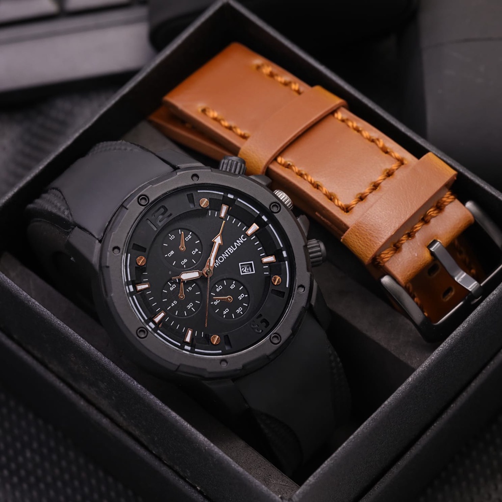 Promo Jam Tangan Pria Montblanc Tanggal Aktif + Strap Kulit, Box, Baterai Cadangan
