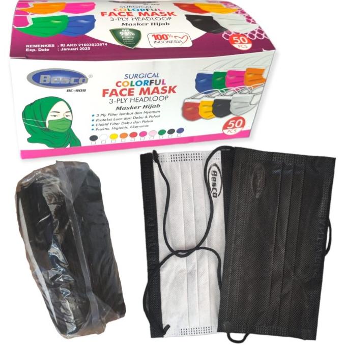 BELLA - MASKER 3PLY BESCO HIJAB BLACK HITAM HEADLOOP DISPOSABLE MASK t-bellasleepwears dijamin