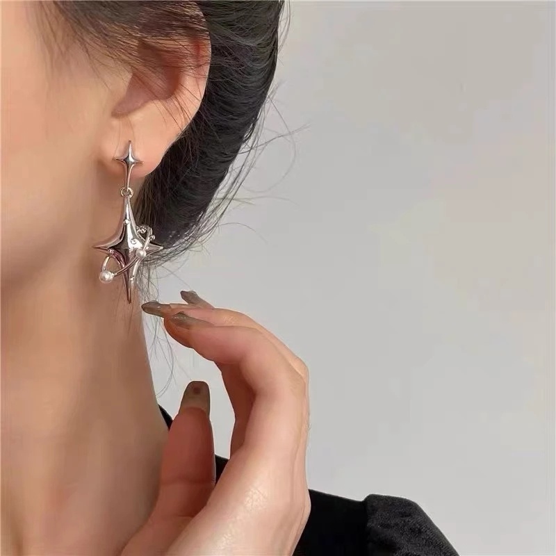 Anting Tusuk Gantung Asimetris Desain Planet / Bintang Hias Kristal / Mutiara Imitasi Untuk Wanita