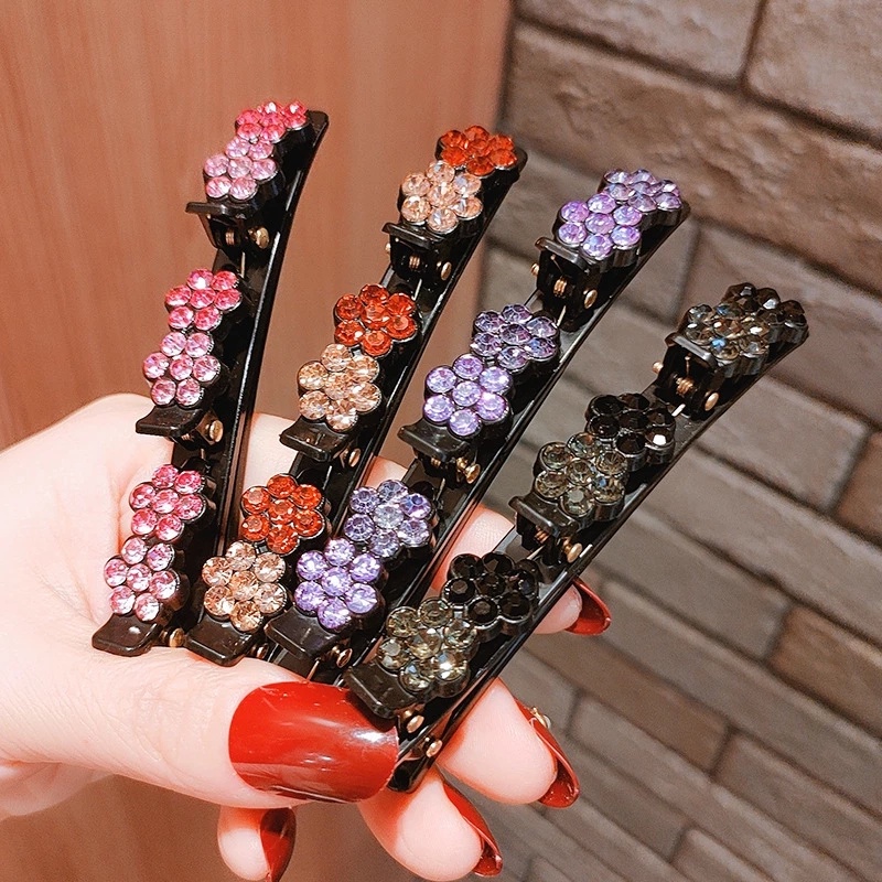 Aksesoris Jepit Rambut Model Lapis Ganda Motif Bunga Aksen Kristal Berlian Untuk Wanita