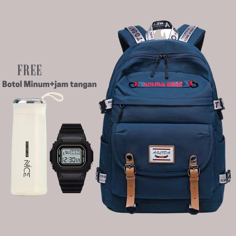 Tasmurah - AOLLIDA Ransel Backpack  Tas Sekolah Wanita / Terbaru Populer 2022 Tas Sekolah Wanita Versi Korea Ransel Siswa Sekolah Menengah Pertama Sekolah Dasar Dalam Ransel Jepang Ransel Korea Murah Tas Punggung Perempuan Dewasa Sederhana-Navy Free Botol+jam