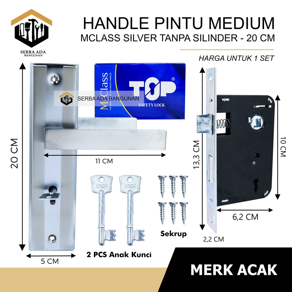 Kunci Pintu Top M-Class Set Komplit Silver | 20CM | Gagang Kotak