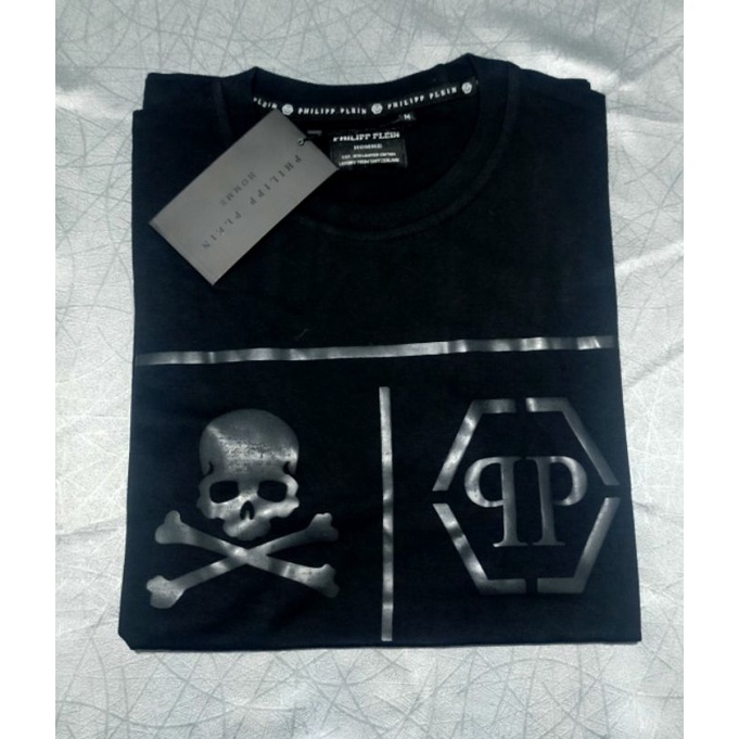 BAJU KAOS PRIA ORIGINAL PHILIPP PLEIN TENGKORAK SABLON BLACK ON BLACK HIGH QUALITY BAHAN COMBED 24S