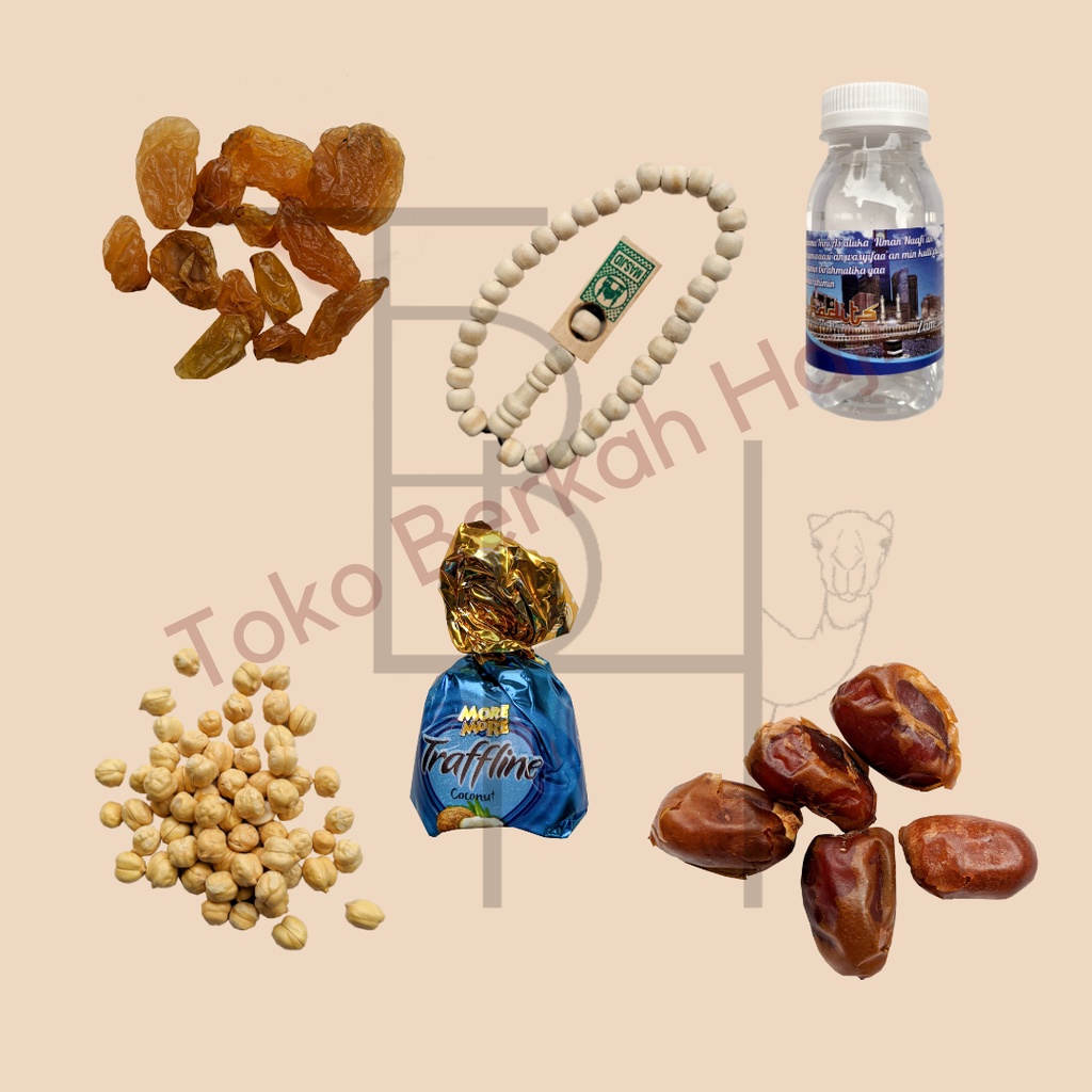 Paket Oleh oleh Haji dan Umroh + tasbih + Coklat Arab Air Zamzam Original Barcode