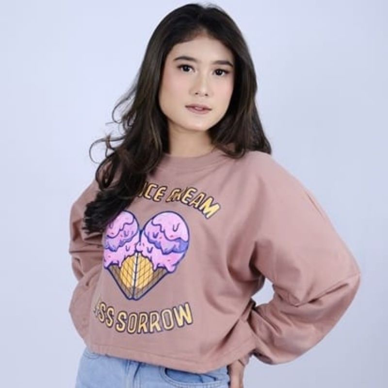 sweater love ice cream MODSKA APPAREL cappucino mocca navy swag Harajuku// crewneck sweetshirt wanita perempuan cewe bahan fleece// sweater distro viral// Women Sweatshirts Loose Oversize Pullover motif sablon crop