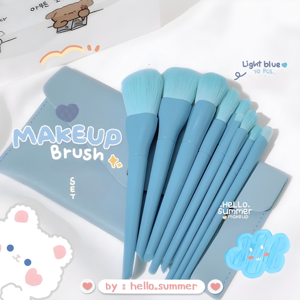 𝐁𝐑𝐔𝐒𝐇 𝐌𝐀𝐊𝐄𝐔𝐏 - Macaron Kuas Make Up Set Brush Set 10pcs &amp; Pouch PU Leather