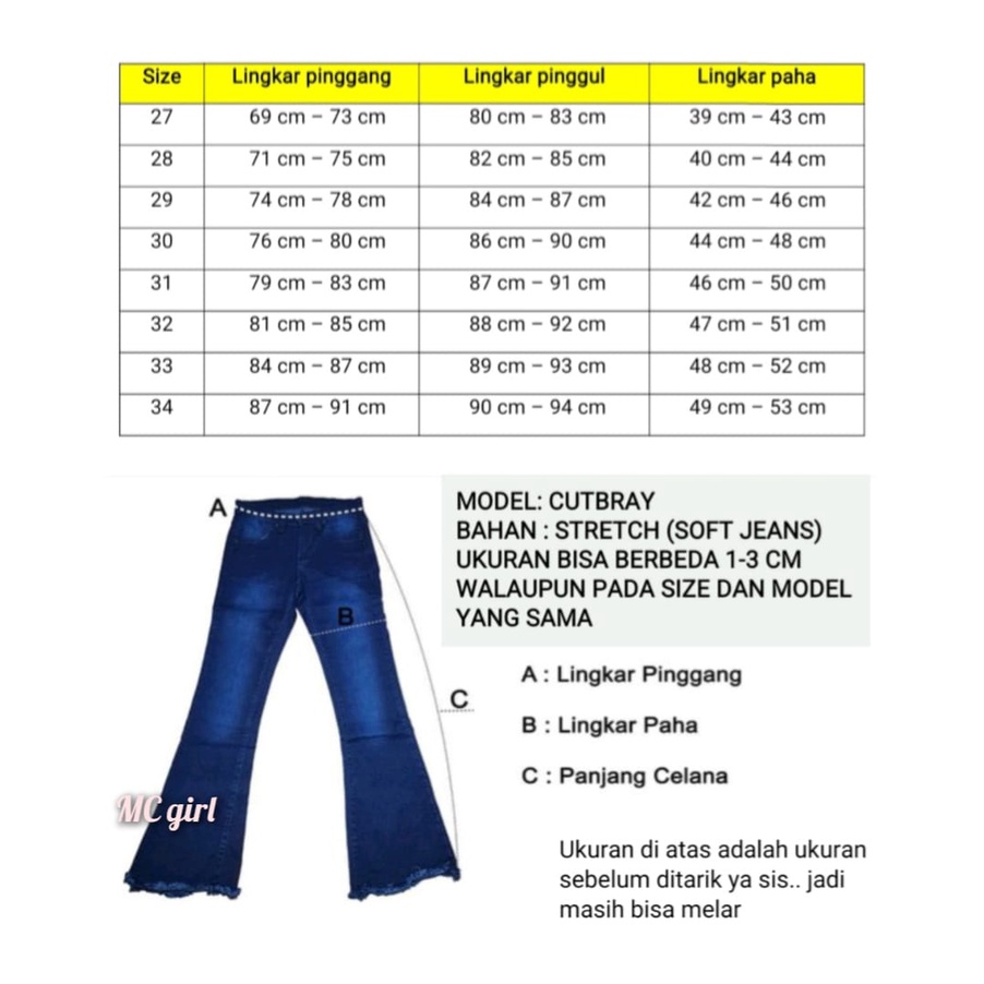 ( Size 27 - 34 ) MC girl - Cutbray Jeans Pinggang Silang Warna Snowblue Wanita / Celana Lepis Kaki Lebar Snow Blue / Cutbrai Panjang / Boot Cut