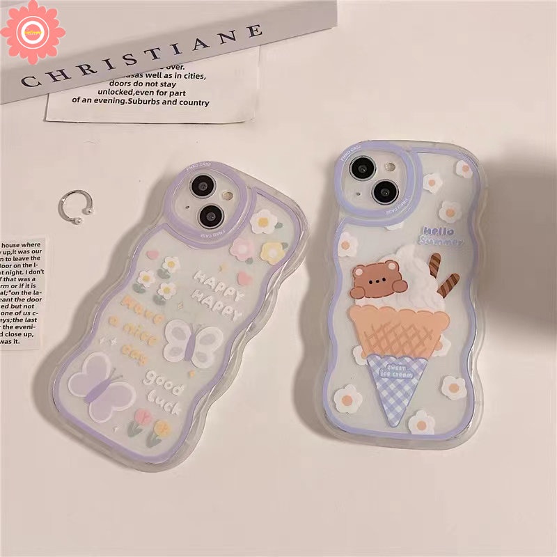 Ice Cream Cute Bear Case Realme C53 C55 10 C12 C35 C15 C21Y C25 5i 5s 6i C25s C25Y C1 C11 C20A C20 Realme C11 2021 C20A C3 Butterfly Flowers Lembut Wavy Edge Shockproof TPU Cover