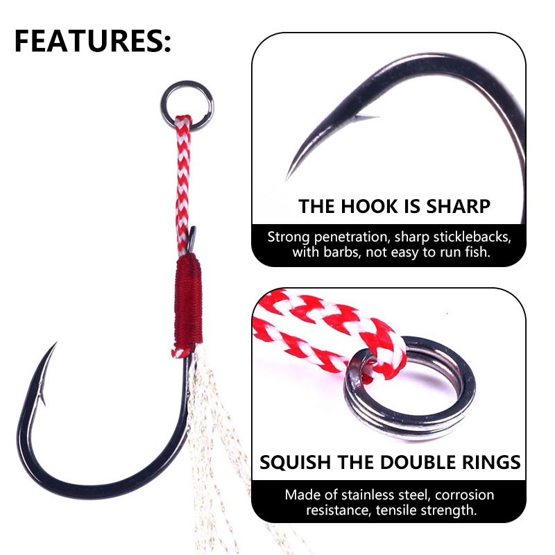Hengjia 5 Pcs Kail Pancing High Carbon Steel Jigging Fishing Assist Hooks 8#-20# Double/single Barbed Jig Fishhooks with Glow Feather For Lead Lure