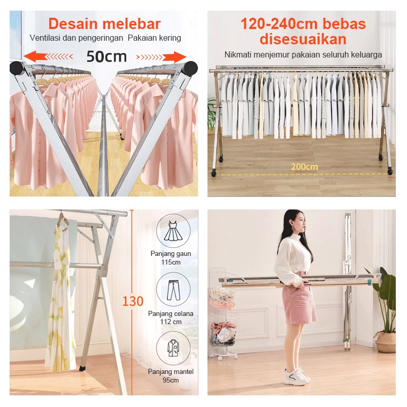 (COD)Jemuran Baju Stainless Steel Jemuran Pakaian 240cm Jemuran Hanger /Jemuran Baju Lipat Tidak Diperlukan Instalas