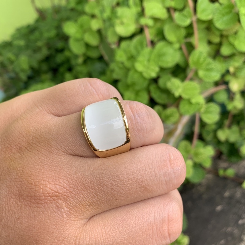 Cincin White Cat Eye Opal Ring Gold Titanium Steel High Quality