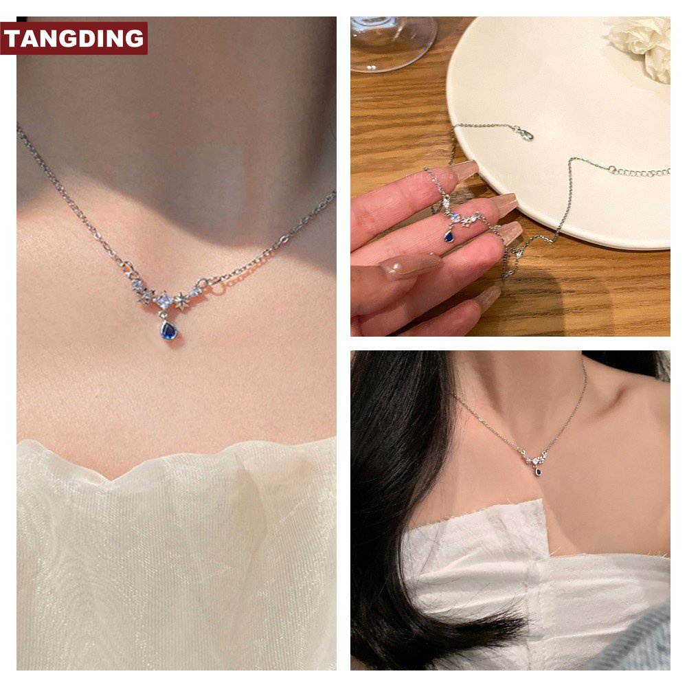 Kalung Rantai Klavikula Hias Liontin Tetesan Air Bahan Zirkon Biru Gaya Simple Elegan Untuk Wanita