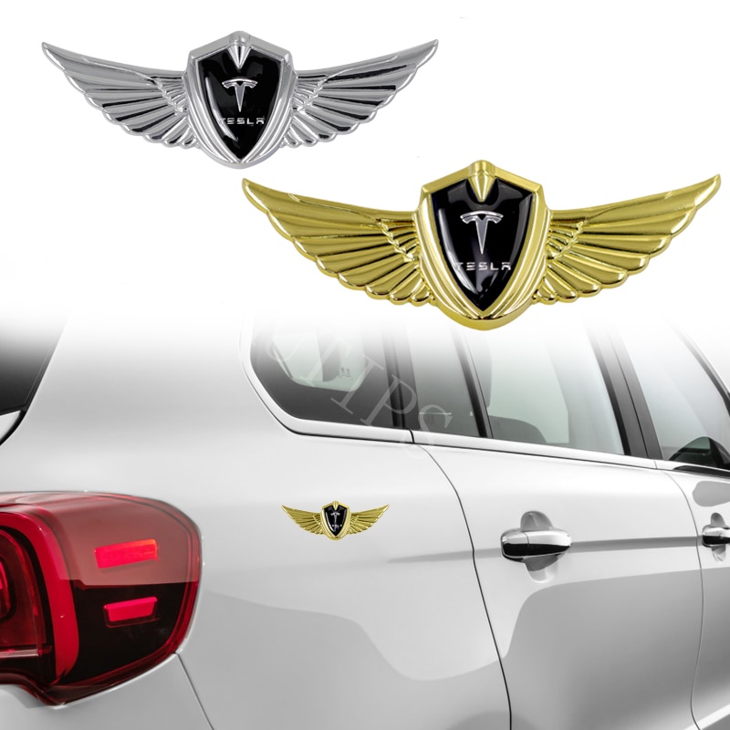 Tesla Sticker Emblem Dekorasi Body Mobil Bentuk Sayap 3D Bahan Metal Untuk Model 3 Ys X