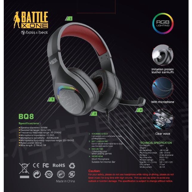 HEADPHONES GAMING MURAH BATTLE X-ONE BQ8 RGB HD STEREO SOUND GARANSI 1 TAHUN