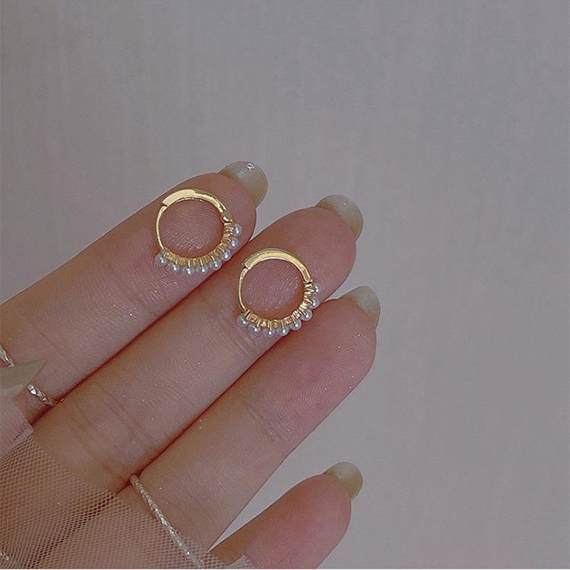 Set Anting Hoop Hias Mutiara Warna Emas Untuk Wanita