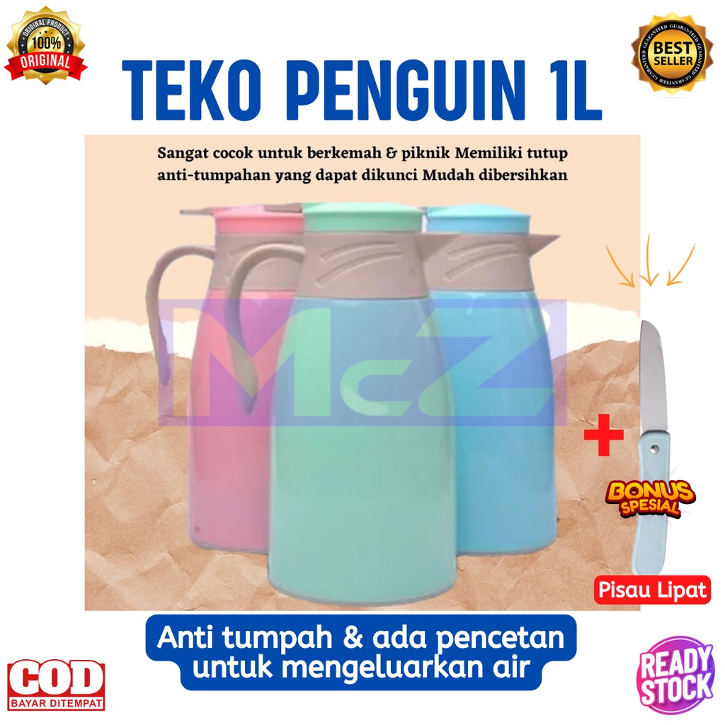 Teko Penguin 1 Liter Stainless Steel plus Bonus Pisau Lipat - Termos Penahan Panas - Teko stainless 