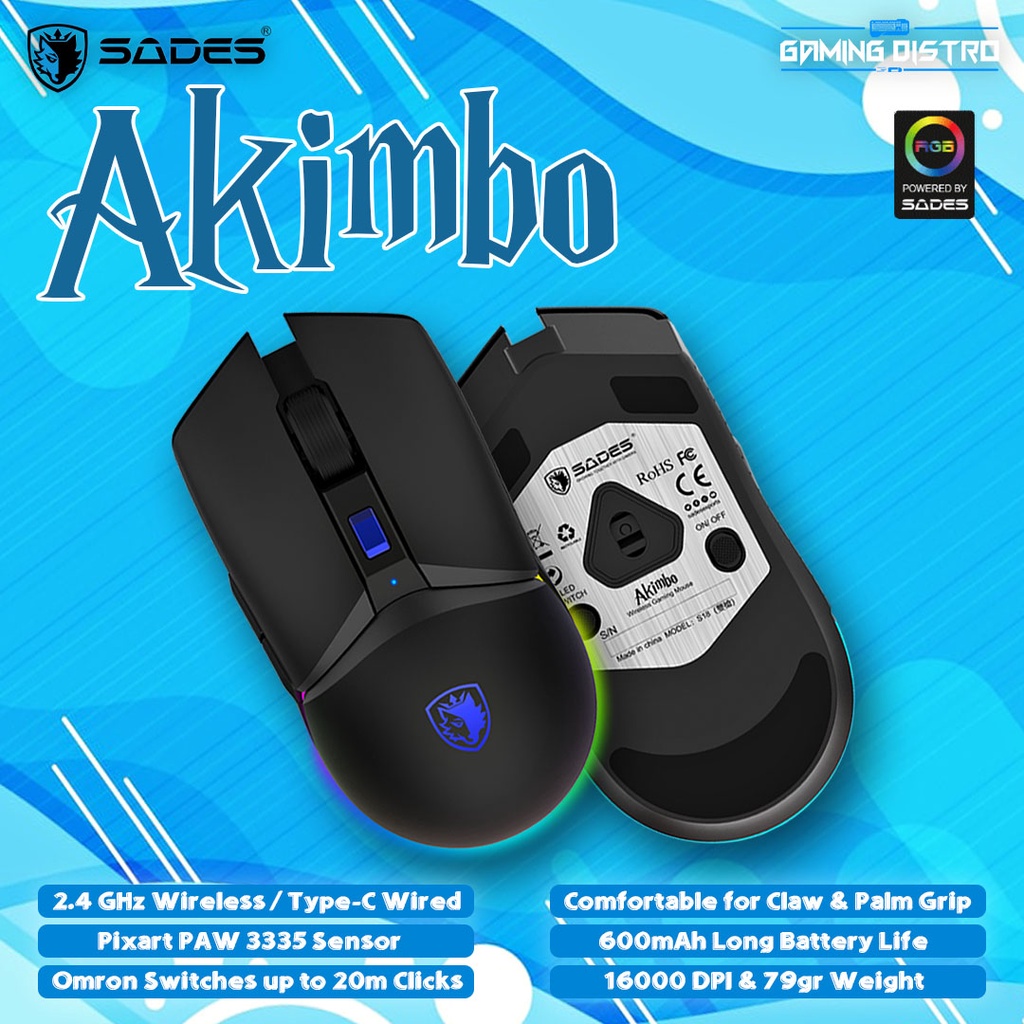 Mouse Gaming Sades Akimbo RGB Wireless 2.4G Sensor PAW3335 Weight 79gram
