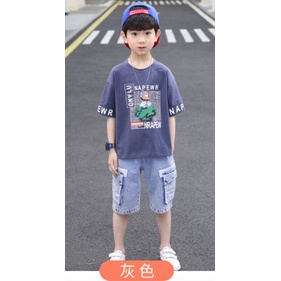 Setelan kaos CKYLU NAPEWR lengan pendek celana jeans setengah tiang anak laki-laki import 3-9 thn