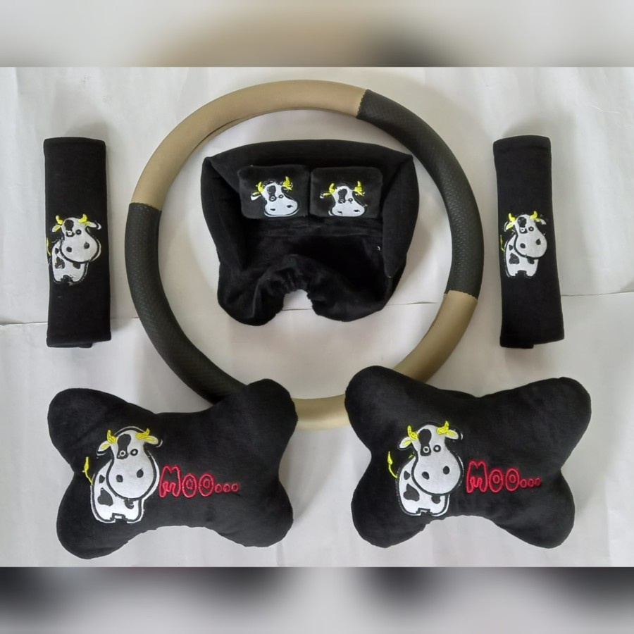 Bantal Sandaran Mobil Motif Sapi 3in1 Plus Sarung Stir Kombinasi Bantal Mobil 3 in 1