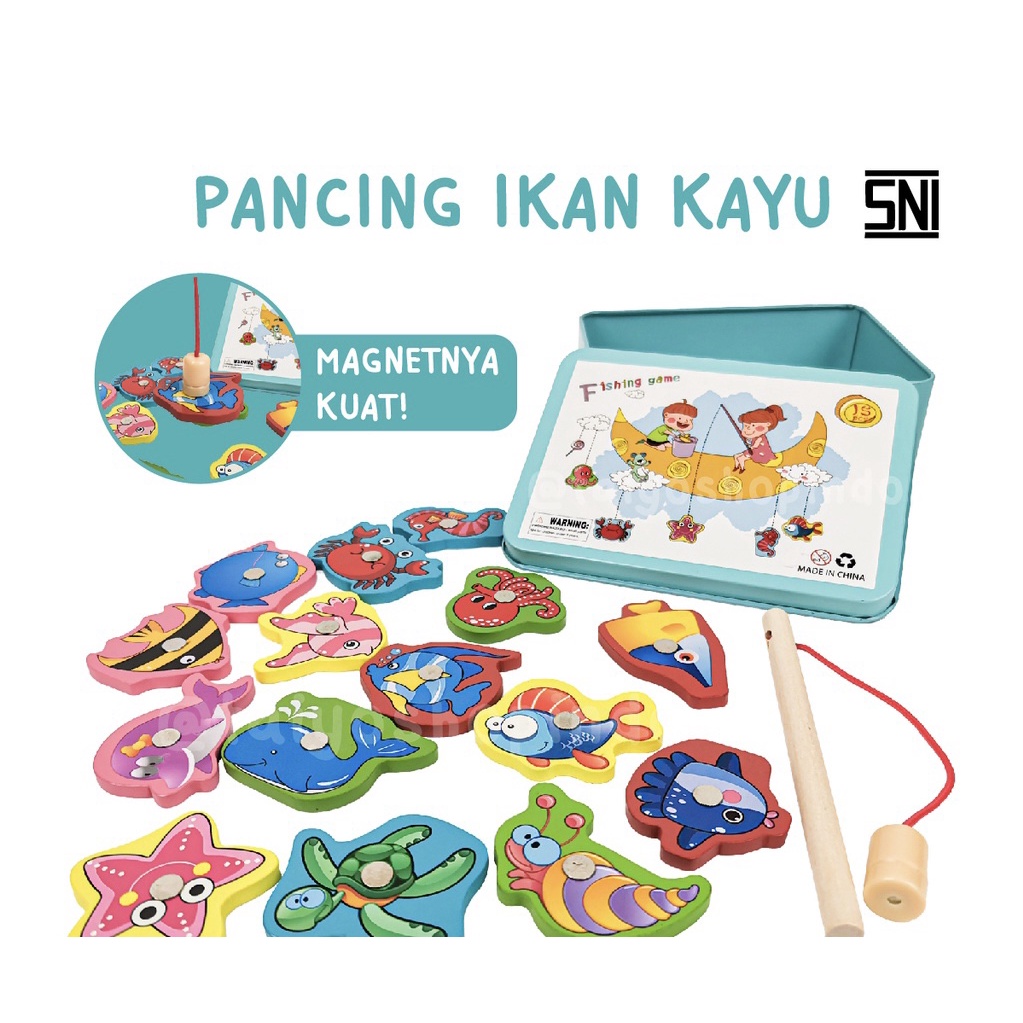 mainan anak pancing ikan kayu magnet kayu mainan edukasi fishing game pancingan