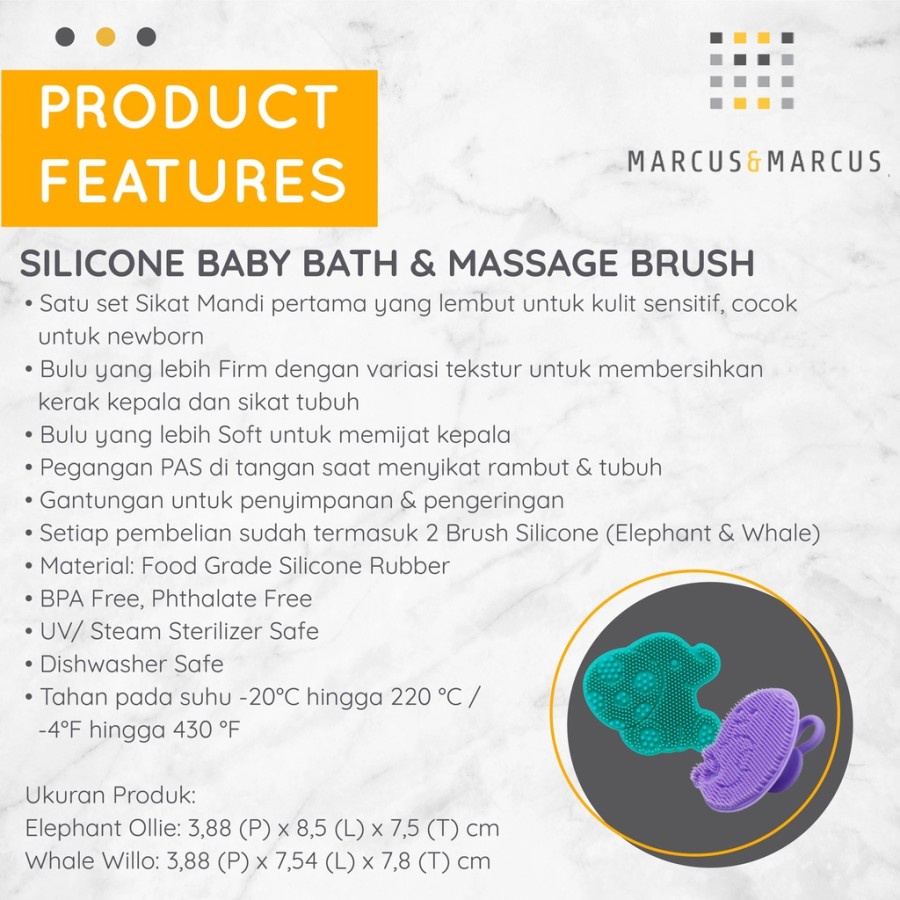 Marcus &amp; Marcus Silicone Baby Bath &amp; Massage Brush - Sikat Mandi Badan Kerak Kepala Anak Silikon Halus