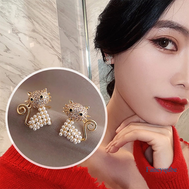 Fancyqube Anting Stud Desain Hewan Kucing Kuda Burung Aksen Mutiara Berlian Imitasi Untuk Wanita