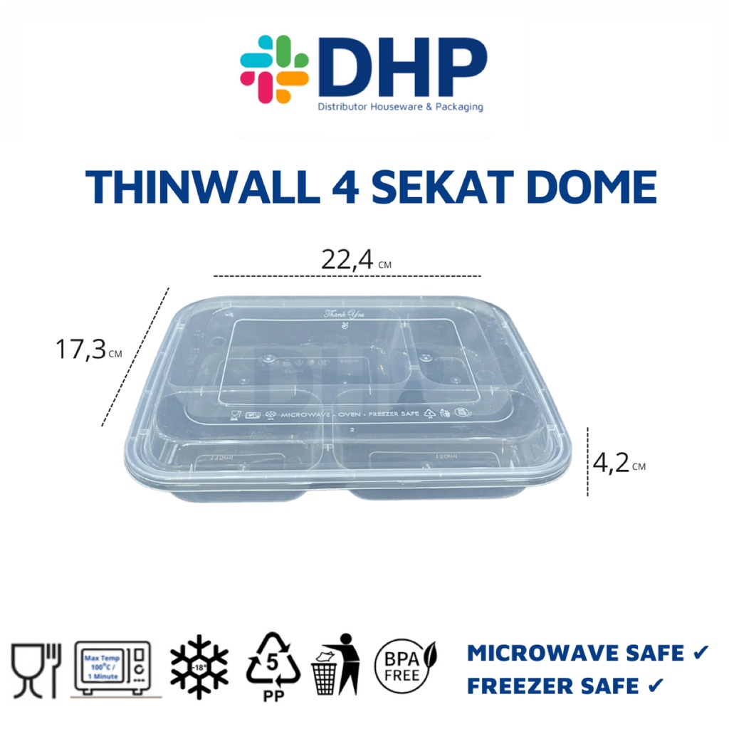 Thinwall Bento 4 Sekat DOME + Tutup Box Kotak Nasi Plastik Food Container Kotak Makan (ECERAN)