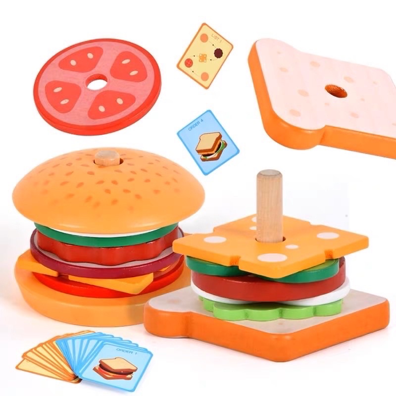 stackable wooden burger sandwich pretend plays mainan susun burger