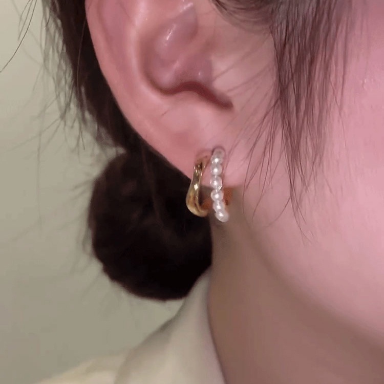 Anting Hoop Ganda Hias Mutiara Warna Emas Untuk Wanita