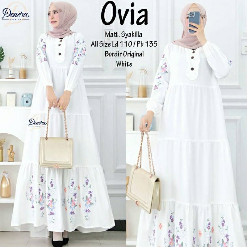 Ovia Maxy, GAMIS PUTIH WANITA MUSLIM CANTIK FIT XXL LD 112 BAHAN SYAKILLA MIX BORDIR KANCING BUSUI TERMURAH OOTD