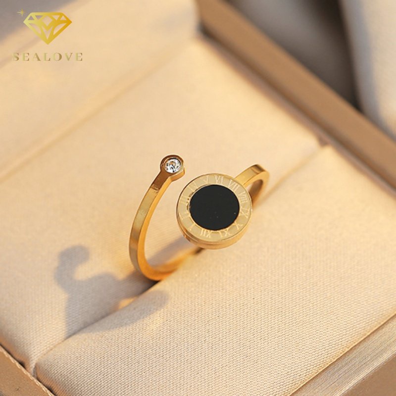 Cincin Titanium Steel Lingkaran Hitam Bilah Horizontal Gold Intan Sederhana Cicin Wanita