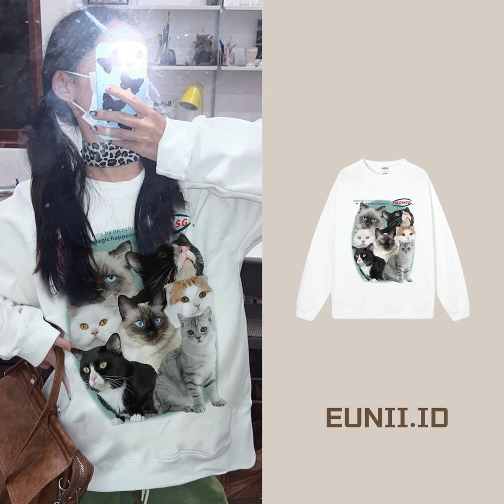 EUNII Sweater Lengan Panjang Cute Cat Korean Style/Hoodie Oversize/Baju Wanita/Switer Wanita