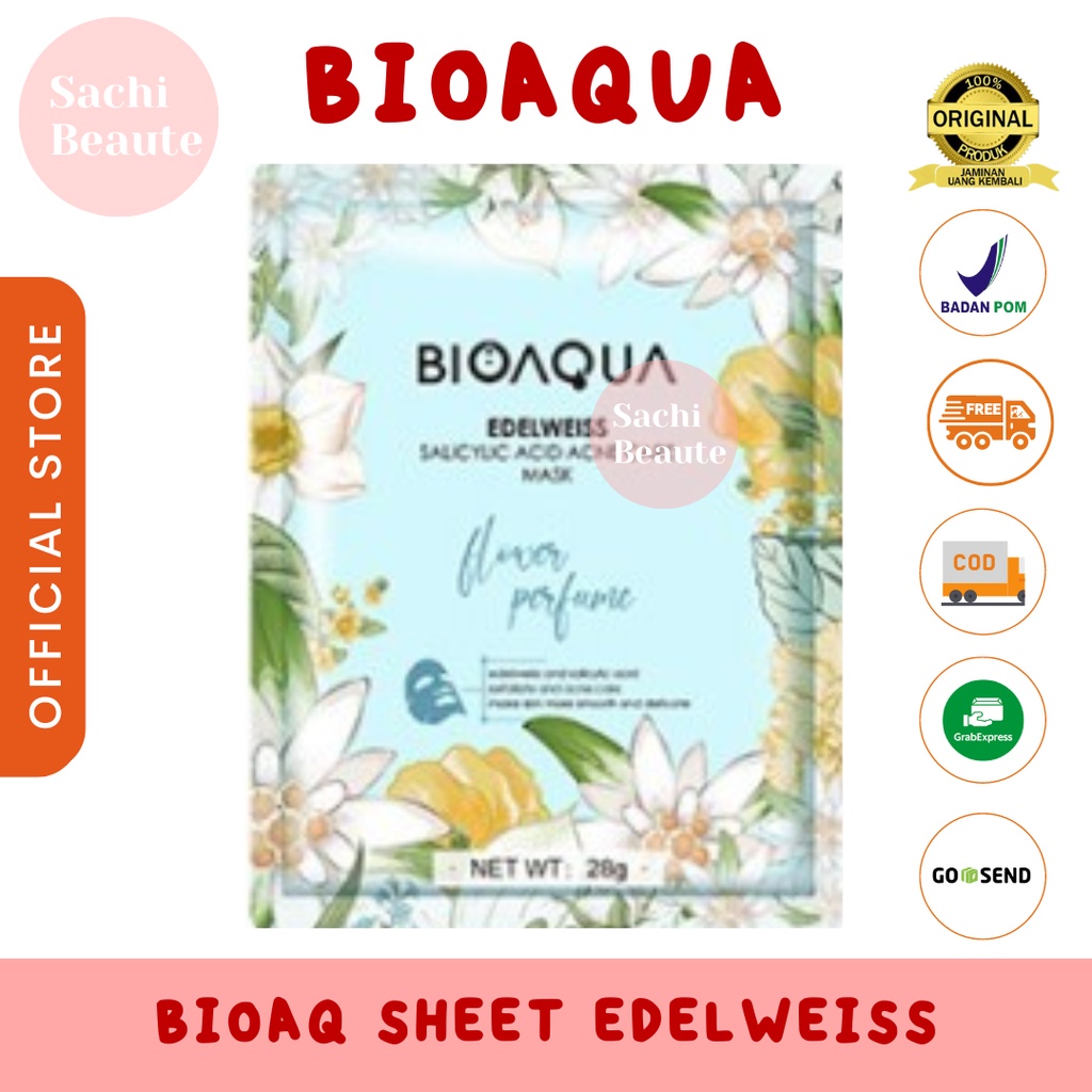 BIOAQUA Sheet Mask Masker Wajah Flowers Series 28g Hydrating Essence Face Mask Brightening dan Anti Acne - Edelweiss