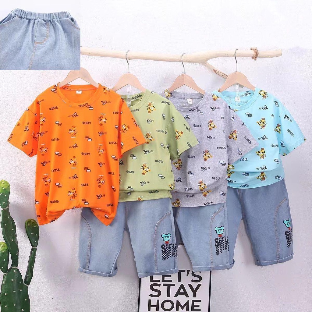 KFCAT Stelan Kaos Atasan Lengan Pendek Anak Laki Laki O-Neck Motif Tiger Katun Santai Celana Jeans 5-9 Tahun