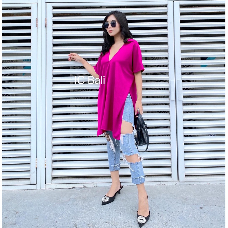 GLOSIR LONG SQUARE V NECK TOP ATASAN BLOUSE WANITA AIRFLOW KRINGKLE