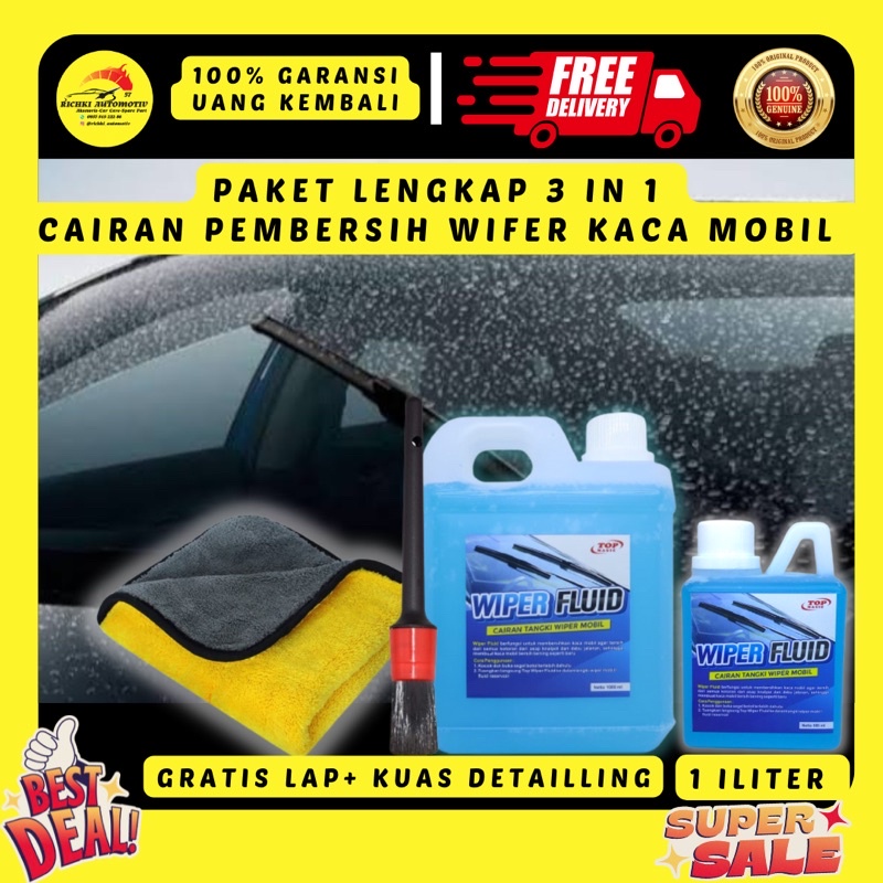 PAKET LENGKAP 3 in 1 CAIRAN WIFER KACA MOBIL 50 M-1 LITER | Gratis Lap & Kuas Detailling | Pembersih