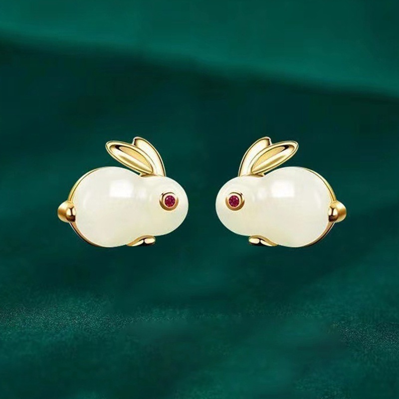 Fancyqube Anting 925 Silver Needle Bentuk Kelinci Aksen Berlian Giok Gaya Korea Untuk Aksesoris Wanita