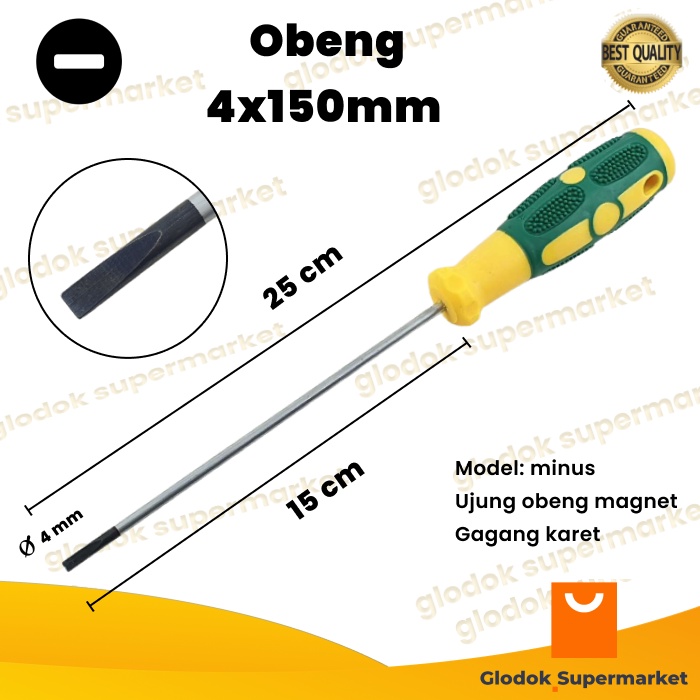 Obeng Minus 6 inch Diameter 4mm Panjang Besi 15cm Magnet Gagang Karet