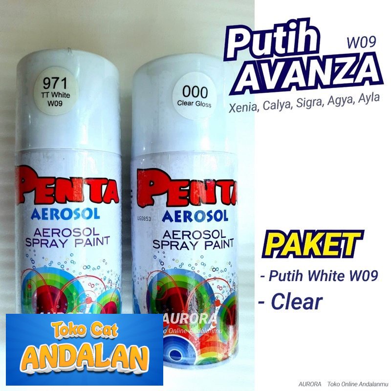 PAKET Penta Aerosol 971 White TT W09 Putih Avanza + Clear Gloss 000 / Cat Mobil Toyota Agya Calya In
