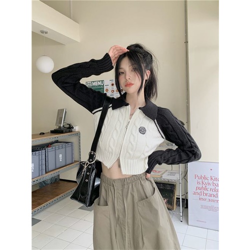 Jaket Sweater Ritsleting Gaya Amerika Wanita Musim Gugur Baru Slim Rajutan Cardigan Bawahan Atasan Lengan Panjang
