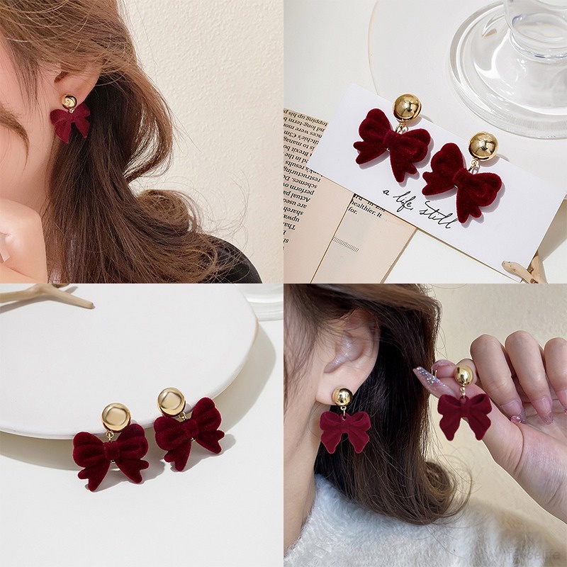 Anting Tusuk Gantung Bahan Velvet Warna Merah Anggur Untuk Wanita