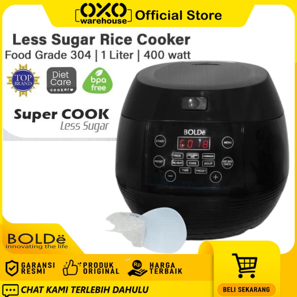 BOLDe Rice Cooker Less Sugar Super Cook 1 Liter Garansi Resmi Rendah Gula Hemat Listrik Foodgrade Aw