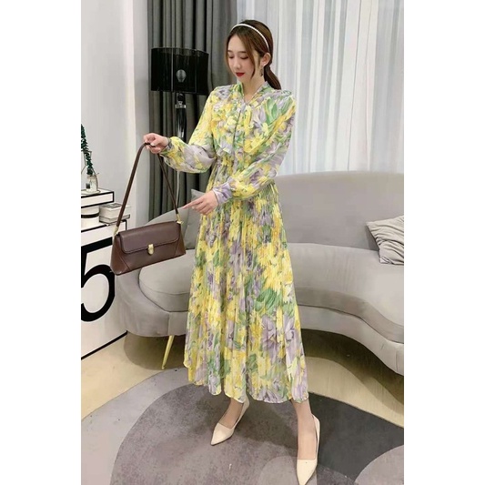 [RARA]Maxi dress motif bunga panjang wanita plisket pita leher gamis muslim