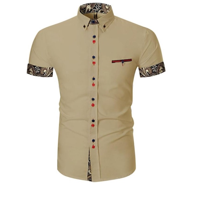 (Asgard) Kemeja Pria Cowok Lengan Pendek Kombinasi Batik/Hem Cowok - Cream, Standart